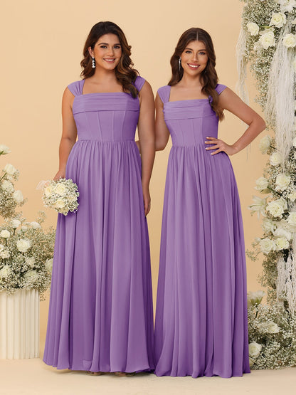 Robes de Demoiselle d'Honneur en Chiffon, Ligne A/Princesse, Col Carré, sans Manches, avec Plis