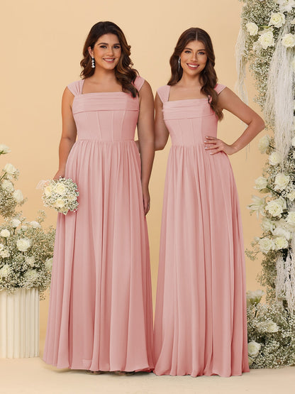 Robes de Demoiselle d'Honneur en Chiffon, Ligne A/Princesse, Col Carré, sans Manches, avec Plis