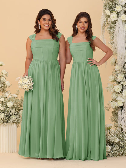 Robes de Demoiselle d'Honneur en Chiffon, Ligne A/Princesse, Col Carré, sans Manches, avec Plis