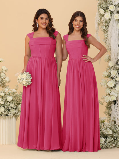 Robes de Demoiselle d'Honneur en Chiffon, Ligne A/Princesse, Col Carré, sans Manches, avec Plis