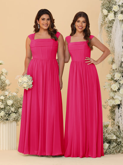 Robes de Demoiselle d'Honneur en Chiffon, Ligne A/Princesse, Col Carré, sans Manches, avec Plis