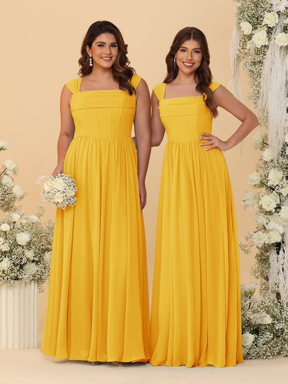 Robes de Demoiselle d'Honneur en Chiffon, Ligne A/Princesse, Col Carré, sans Manches, avec Plis