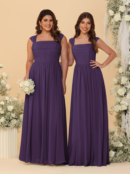 Robes de Demoiselle d'Honneur en Chiffon, Ligne A/Princesse, Col Carré, sans Manches, avec Plis