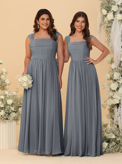 Robes de Demoiselle d'Honneur en Chiffon, Ligne A/Princesse, Col Carré, sans Manches, avec Plis