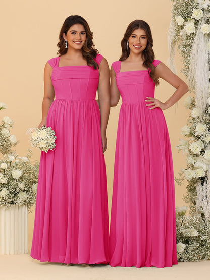 Robes de Demoiselle d'Honneur en Chiffon, Ligne A/Princesse, Col Carré, sans Manches, avec Plis