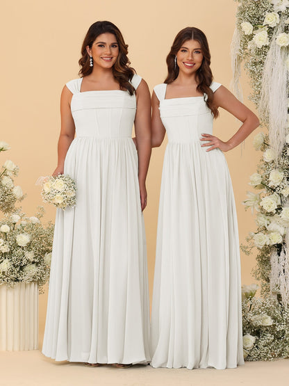 Robes de Demoiselle d'Honneur en Chiffon, Ligne A/Princesse, Col Carré, sans Manches, avec Plis