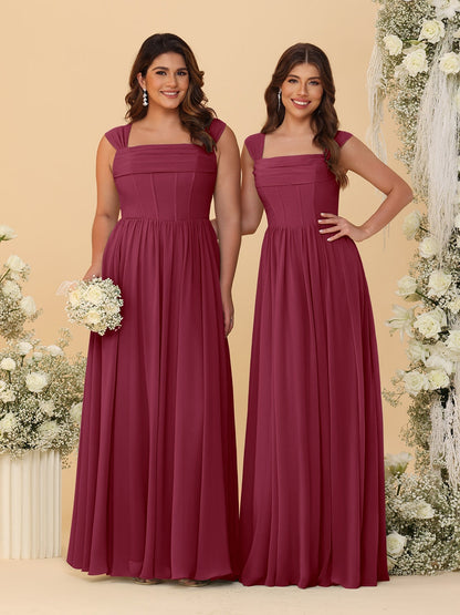 Robes de Demoiselle d'Honneur en Chiffon, Ligne A/Princesse, Col Carré, sans Manches, avec Plis