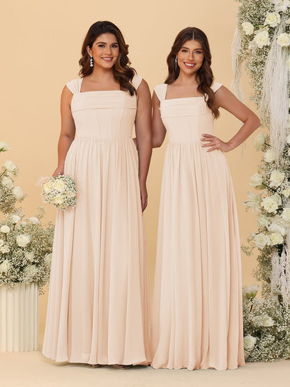 Robes de Demoiselle d'Honneur en Chiffon, Ligne A/Princesse, Col Carré, sans Manches, avec Plis