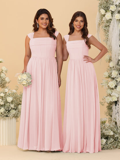 Robes de Demoiselle d'Honneur en Chiffon, Ligne A/Princesse, Col Carré, sans Manches, avec Plis