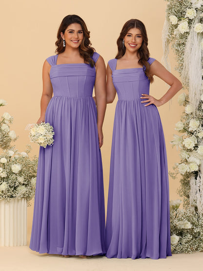 Robes de Demoiselle d'Honneur en Chiffon, Ligne A/Princesse, Col Carré, sans Manches, avec Plis
