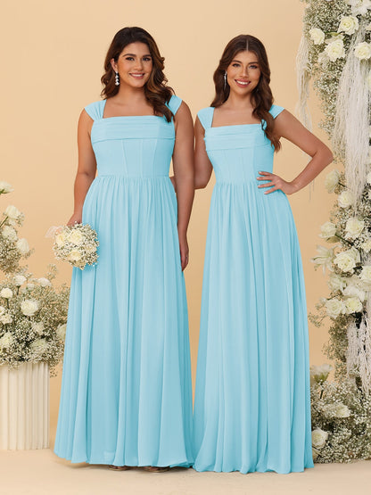 Robes de Demoiselle d'Honneur en Chiffon, Ligne A/Princesse, Col Carré, sans Manches, avec Plis