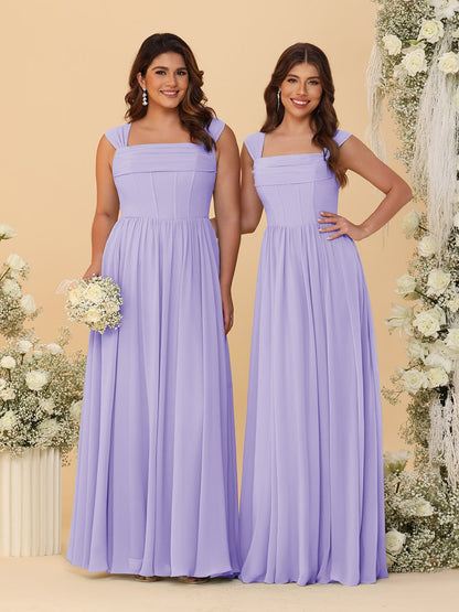 Robes de Demoiselle d'Honneur en Chiffon, Ligne A/Princesse, Col Carré, sans Manches, avec Plis