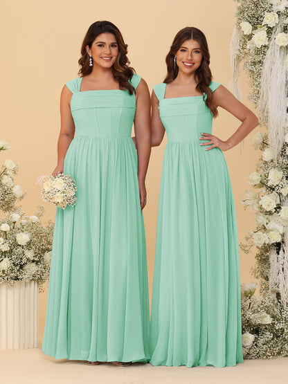 Robes de Demoiselle d'Honneur en Chiffon, Ligne A/Princesse, Col Carré, sans Manches, avec Plis