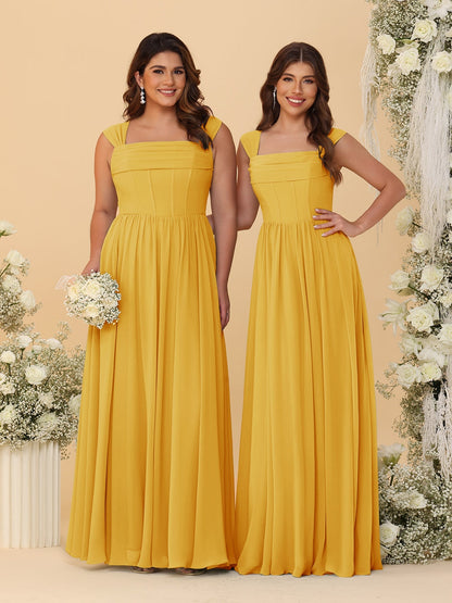 Robes de Demoiselle d'Honneur en Chiffon, Ligne A/Princesse, Col Carré, sans Manches, avec Plis