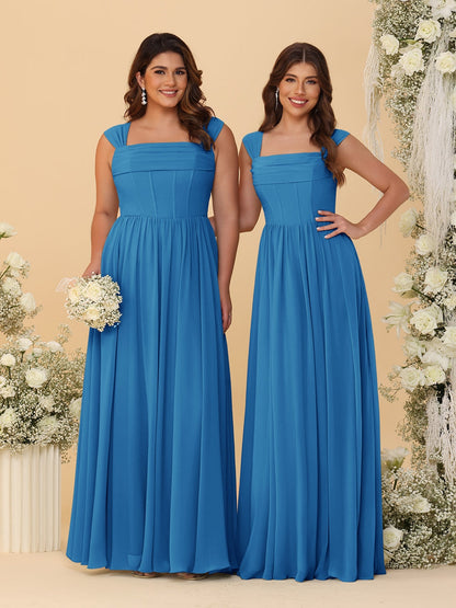 Robes de Demoiselle d'Honneur en Chiffon, Ligne A/Princesse, Col Carré, sans Manches, avec Plis