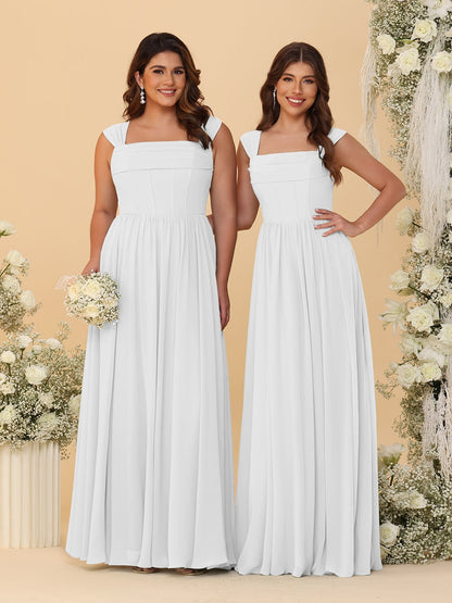 Robes de Demoiselle d'Honneur en Chiffon, Ligne A/Princesse, Col Carré, sans Manches, avec Plis