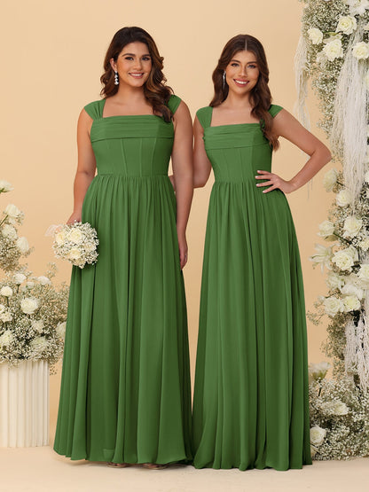 Robes de Demoiselle d'Honneur en Chiffon, Ligne A/Princesse, Col Carré, sans Manches, avec Plis