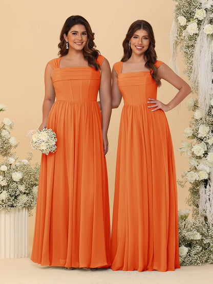 Robes de Demoiselle d'Honneur en Chiffon, Ligne A/Princesse, Col Carré, sans Manches, avec Plis
