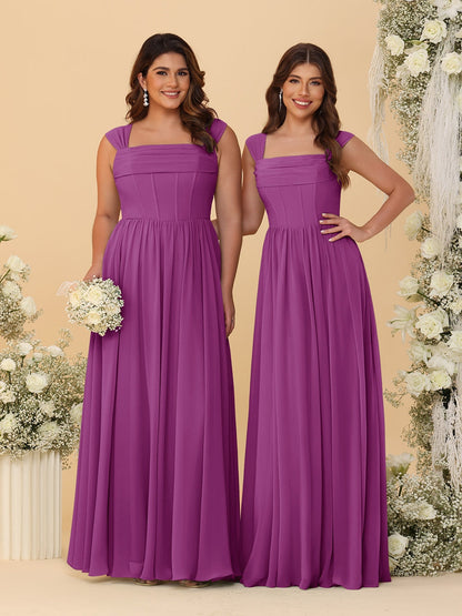 Robes de Demoiselle d'Honneur en Chiffon, Ligne A/Princesse, Col Carré, sans Manches, avec Plis