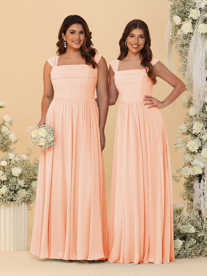 Robes de Demoiselle d'Honneur en Chiffon, Ligne A/Princesse, Col Carré, sans Manches, avec Plis