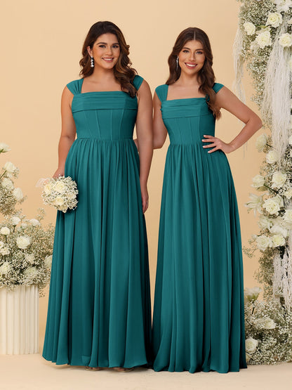 Robes de Demoiselle d'Honneur en Chiffon, Ligne A/Princesse, Col Carré, sans Manches, avec Plis