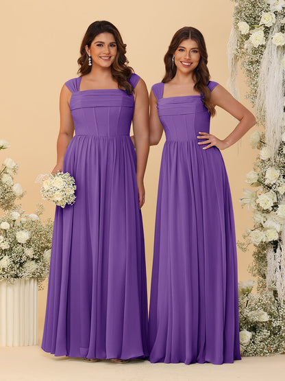 Robes de Demoiselle d'Honneur en Chiffon, Ligne A/Princesse, Col Carré, sans Manches, avec Plis
