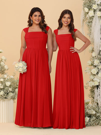 Robes de Demoiselle d'Honneur en Chiffon, Ligne A/Princesse, Col Carré, sans Manches, avec Plis
