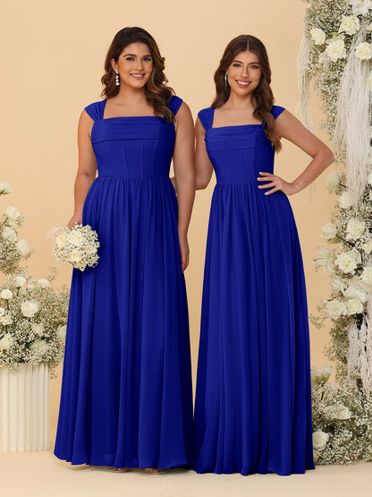 Robes de Demoiselle d'Honneur en Chiffon, Ligne A/Princesse, Col Carré, sans Manches, avec Plis