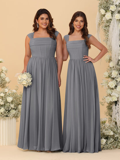 Robes de Demoiselle d'Honneur en Chiffon, Ligne A/Princesse, Col Carré, sans Manches, avec Plis