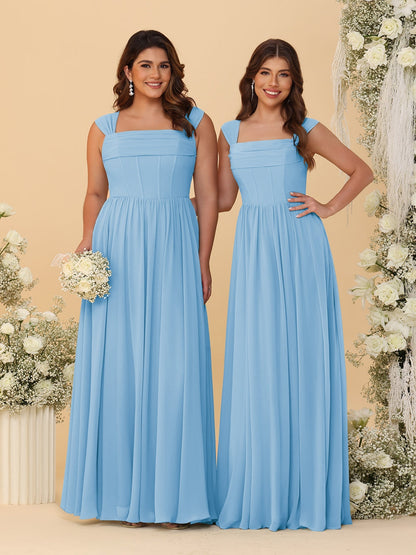 Robes de Demoiselle d'Honneur en Chiffon, Ligne A/Princesse, Col Carré, sans Manches, avec Plis