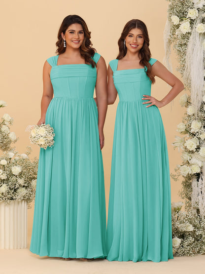 Robes de Demoiselle d'Honneur en Chiffon, Ligne A/Princesse, Col Carré, sans Manches, avec Plis