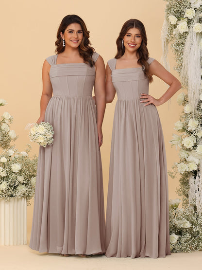 Robes de Demoiselle d'Honneur en Chiffon, Ligne A/Princesse, Col Carré, sans Manches, avec Plis