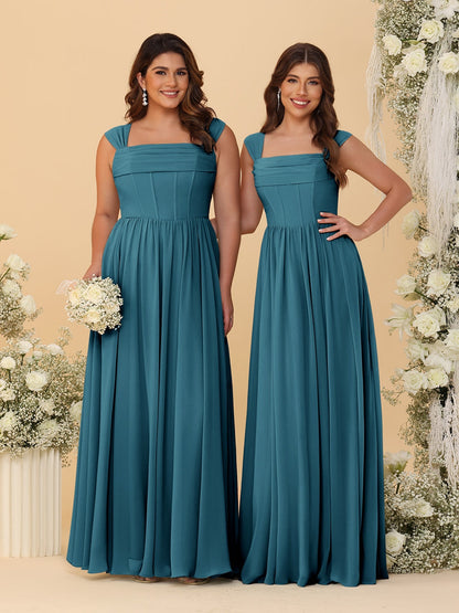 Robes de Demoiselle d'Honneur en Chiffon, Ligne A/Princesse, Col Carré, sans Manches, avec Plis