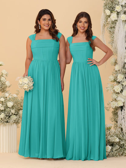 Robes de Demoiselle d'Honneur en Chiffon, Ligne A/Princesse, Col Carré, sans Manches, avec Plis