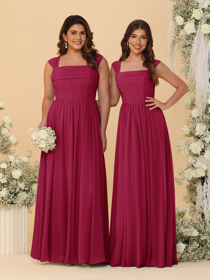 Robes de Demoiselle d'Honneur en Chiffon, Ligne A/Princesse, Col Carré, sans Manches, avec Plis