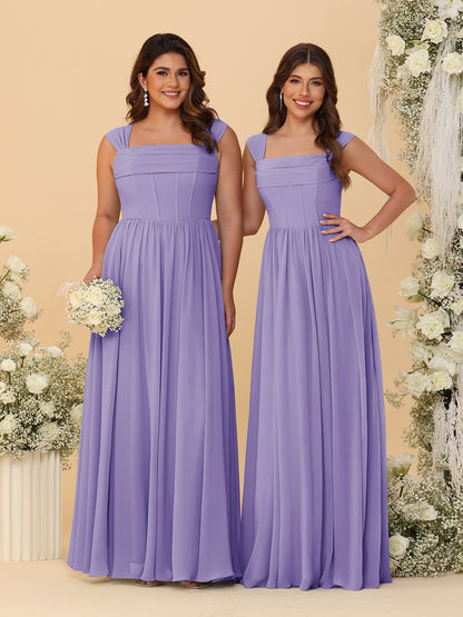 Robes de Demoiselle d'Honneur en Chiffon, Ligne A/Princesse, Col Carré, sans Manches, avec Plis