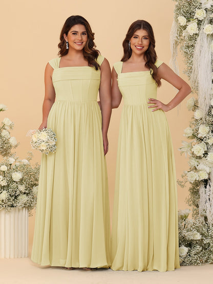 Robes de Demoiselle d'Honneur en Chiffon, Ligne A/Princesse, Col Carré, sans Manches, avec Plis