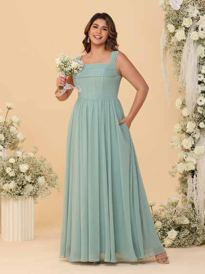 Robes de Demoiselle d'Honneur Grande Taille en Chiffon, Coupe Trapèze/Princesse, Col Carré, sans Manches, avec Plis