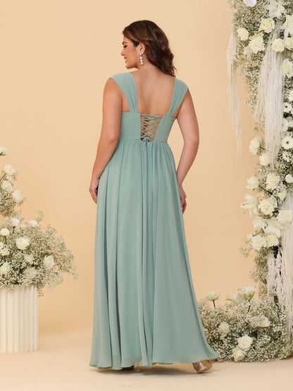 Robes de Demoiselle d'Honneur Grande Taille en Chiffon, Coupe Trapèze/Princesse, Col Carré, sans Manches, avec Plis