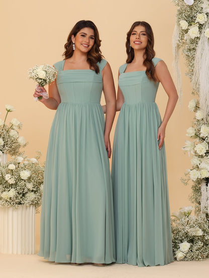 Robes de Demoiselle d'Honneur Grande Taille en Chiffon, Coupe Trapèze/Princesse, Col Carré, sans Manches, avec Plis