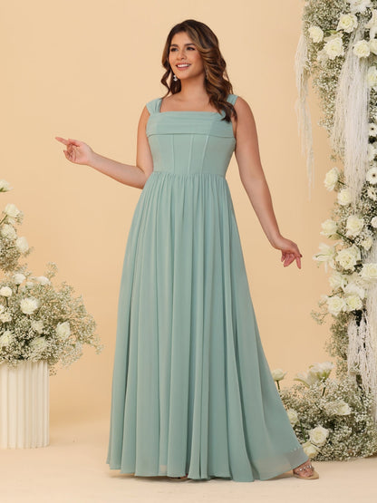 Robes de Demoiselle d'Honneur Grande Taille en Chiffon, Coupe Trapèze/Princesse, Col Carré, sans Manches, avec Plis