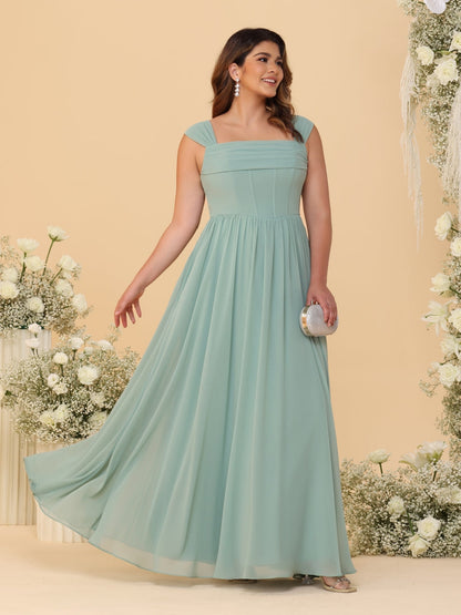 Robes de Demoiselle d'Honneur Grande Taille en Chiffon, Coupe Trapèze/Princesse, Col Carré, sans Manches, avec Plis