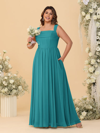 Robes de Demoiselle d'Honneur Grande Taille en Chiffon, Coupe Trapèze/Princesse, Col Carré, sans Manches, avec Plis