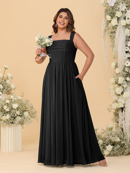 Robes de Demoiselle d'Honneur Grande Taille en Chiffon, Coupe Trapèze/Princesse, Col Carré, sans Manches, avec Plis