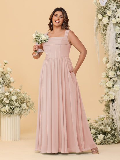 Robes de Demoiselle d'Honneur Grande Taille en Chiffon, Coupe Trapèze/Princesse, Col Carré, sans Manches, avec Plis