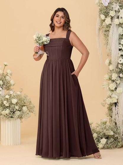 Robes de Demoiselle d'Honneur Grande Taille en Chiffon, Coupe Trapèze/Princesse, Col Carré, sans Manches, avec Plis