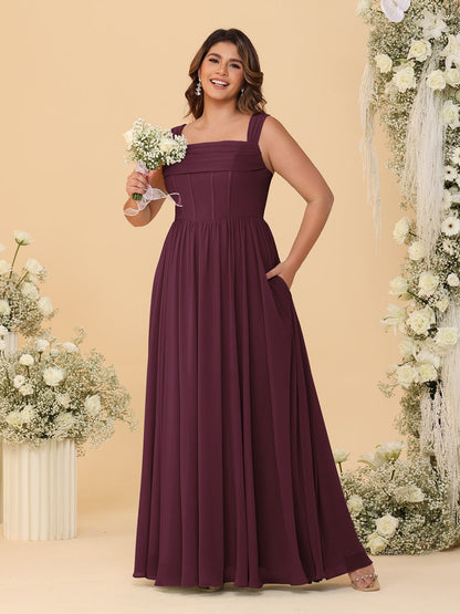 Robes de Demoiselle d'Honneur Grande Taille en Chiffon, Coupe Trapèze/Princesse, Col Carré, sans Manches, avec Plis