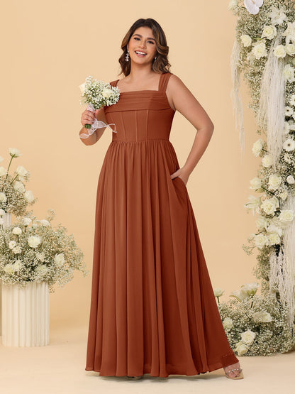 Robes de Demoiselle d'Honneur Grande Taille en Chiffon, Coupe Trapèze/Princesse, Col Carré, sans Manches, avec Plis