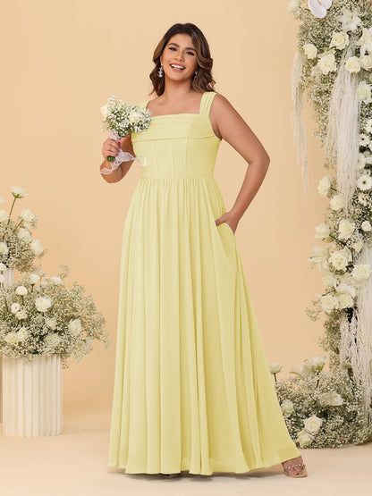 Robes de Demoiselle d'Honneur Grande Taille en Chiffon, Coupe Trapèze/Princesse, Col Carré, sans Manches, avec Plis