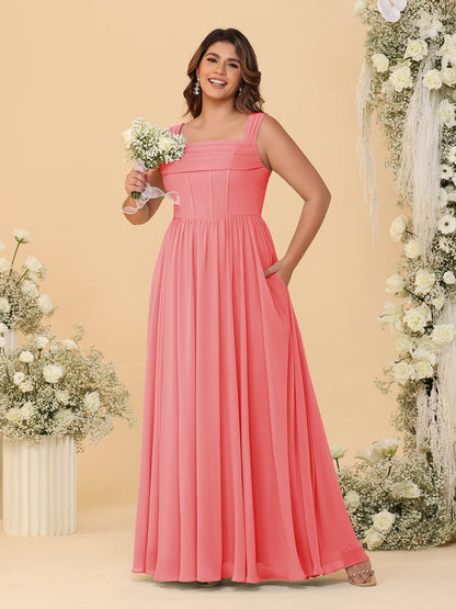 Robes de Demoiselle d'Honneur Grande Taille en Chiffon, Coupe Trapèze/Princesse, Col Carré, sans Manches, avec Plis